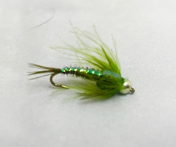 Weighted Pheasant Tail Olive nymph fly designed to imitate Baetis mayflies in rivers.