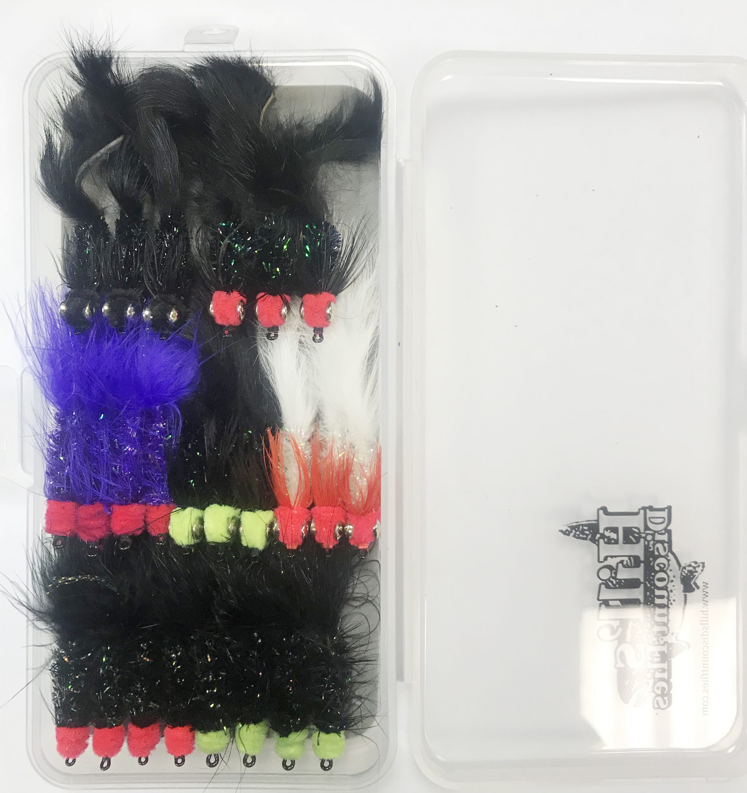 Streamer fly assortment with egg sucking leech patterns in multiple colors for trout and steelhead.