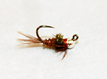 Pheasant Tail Flashback Jig fly with silver bead for trout fly fishing in clear water