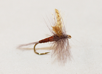 Red Quill dry fly with segmented reddish-brown body and upright dun wings. Fishing Flies