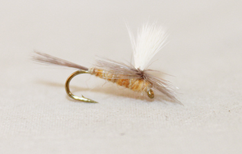Sulphur Parachute dry fly with slim yellow body, parachute hackle, and upright post. Fishing flies.