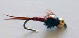 Copper John Red B.H. with slim red wire body, bead head, and peacock thorax for trout fishing.