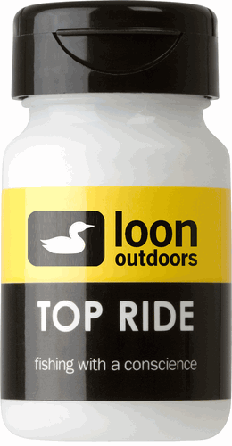 Fly fishing floatant powder by Loon Outdoors, designed to keep dry flies buoyant and visible on the water.