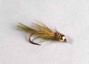 Olive Bird’s Nest B.H. trout fly pattern designed for rivers, streams, and stillwaters. Fishing flies.