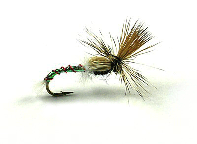 Pearl Cripple Emerger fly with pearl accent, trailing shuck, and upright wing for trout fishing.