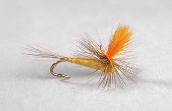 Pale Morning Dun Hi Vis dry fly with slim yellow-tan body, parachute hackle, and bright post. Fly fishing flies