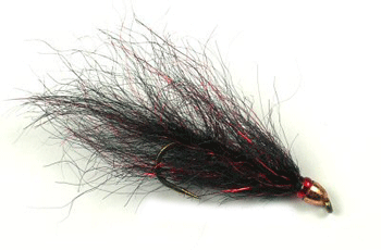 Ruby Eye Leech streamer fly featuring ruby bead eyes, marabou tail, and chenille body. Flies for fly fishing.