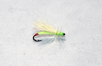Yellow Sally Crystal Wing dry fly with slim yellow body, fine hackle, and shimmering synthetic wing.
