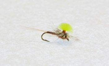Red Quill Hi Vis dry fly with slim reddish-brown body, parachute hackle, and bright post. Fishing Flies