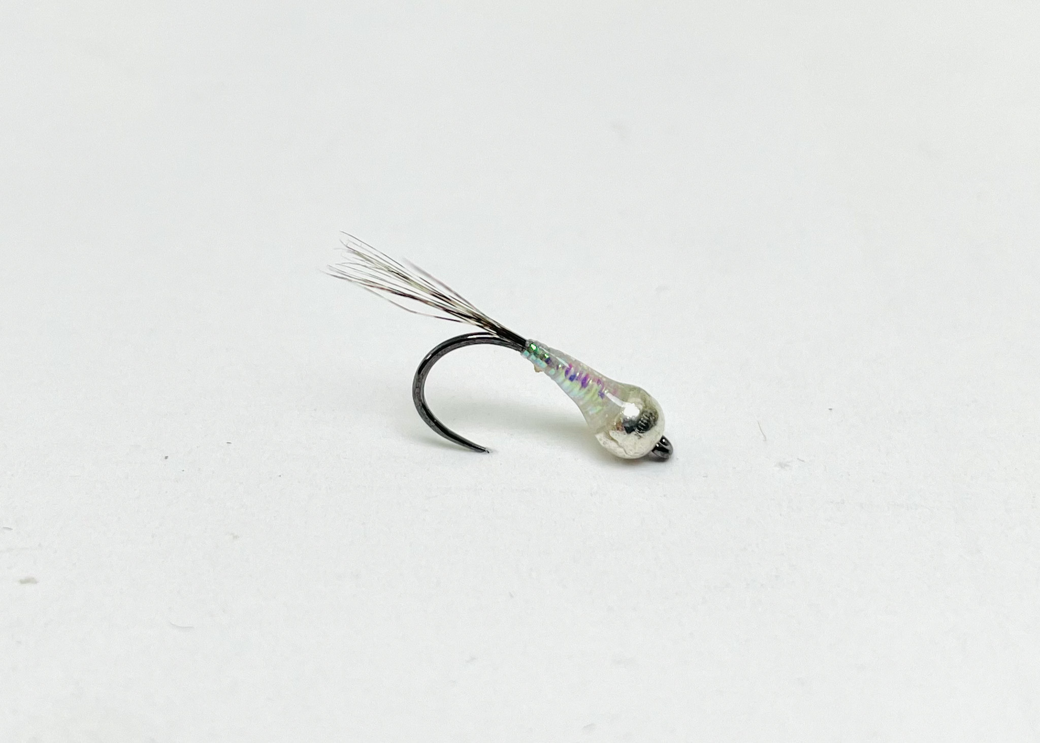 Euro-nymph B’s Perdigon White/Pearl Hanak Hook designed for clear water trout fly fishing. Cheap flies.