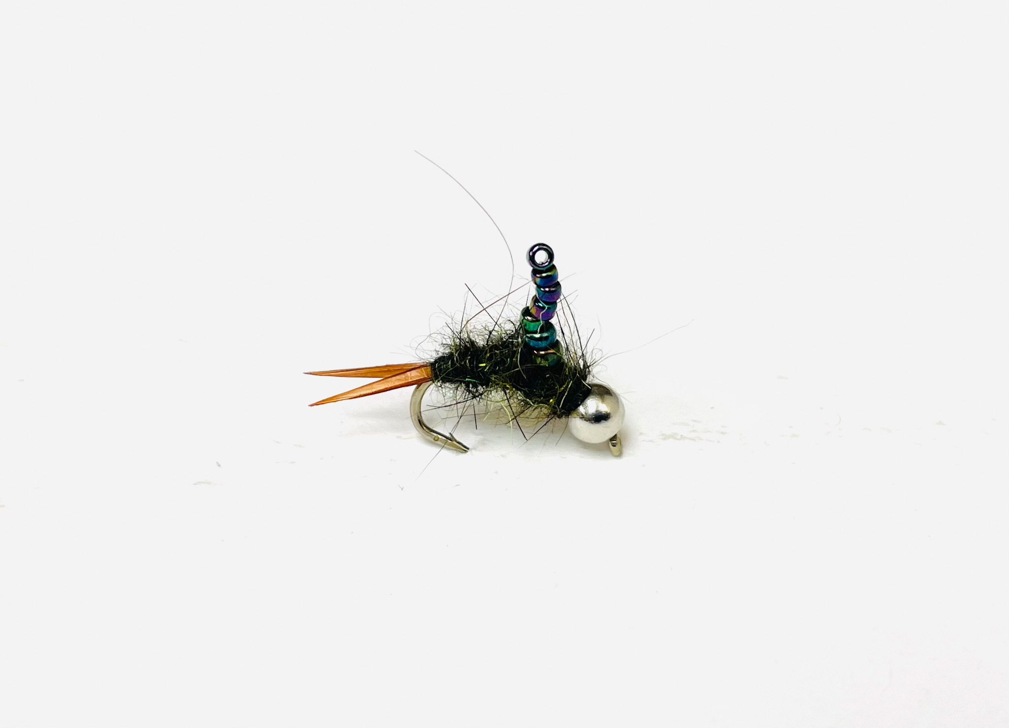 Prince Nymph Glass Tail trout fly with peacock body and white wings