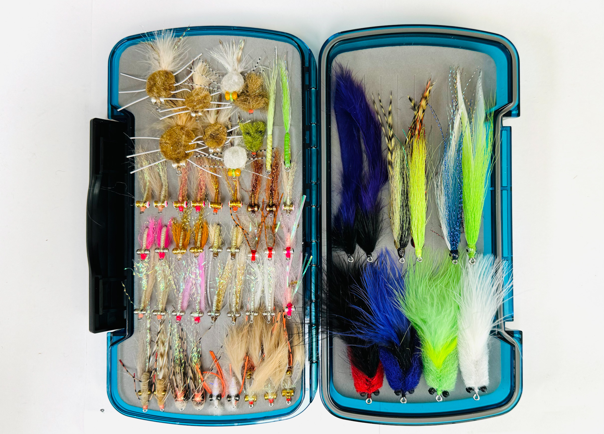56 PCS Saltwater Package featuring assorted shrimp, crab, and baitfish patterns for flats and offshore fly fishing.