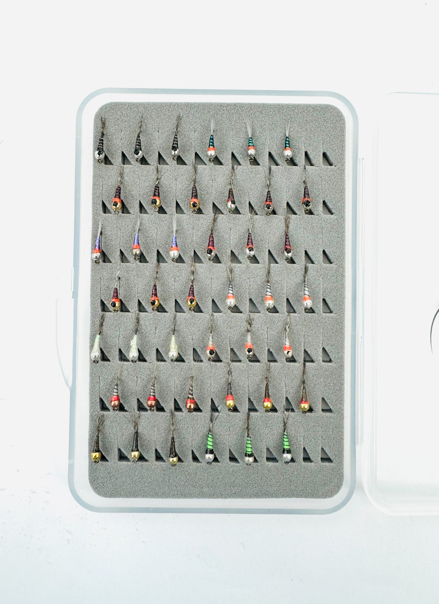 42 PCS Perdigon Assortment with slim epoxy-bodied flies in assorted colors and tungsten beads.