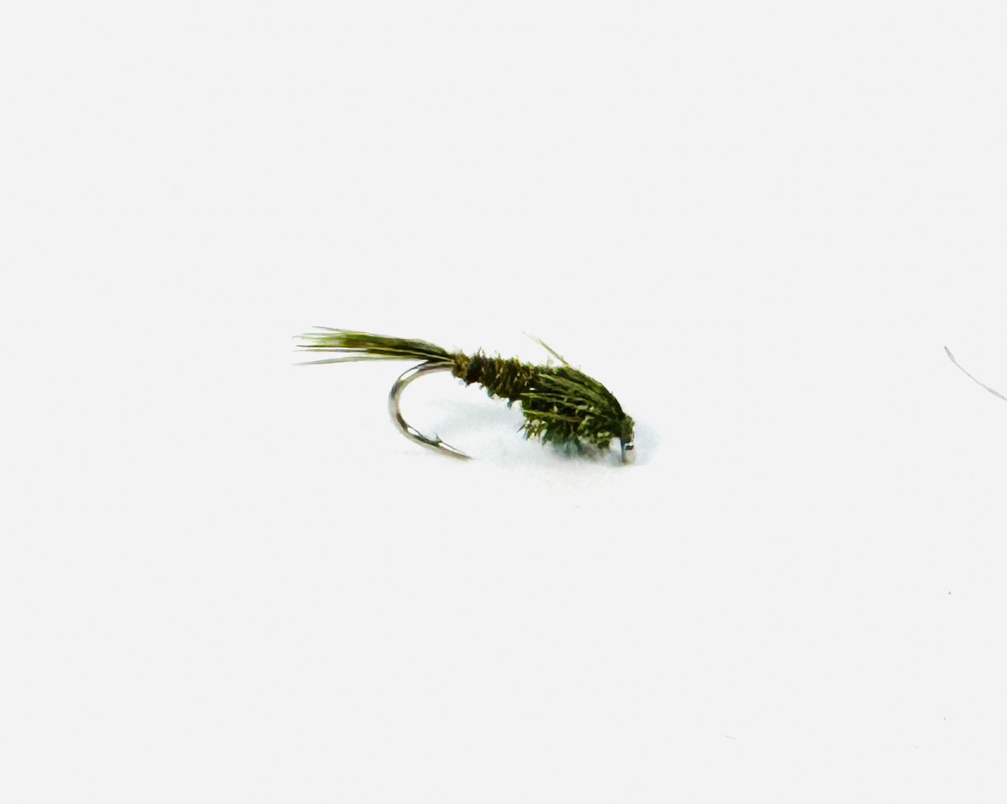Pheasant Tail Olive fly with natural olive pheasant fibers and segmented copper ribbing.