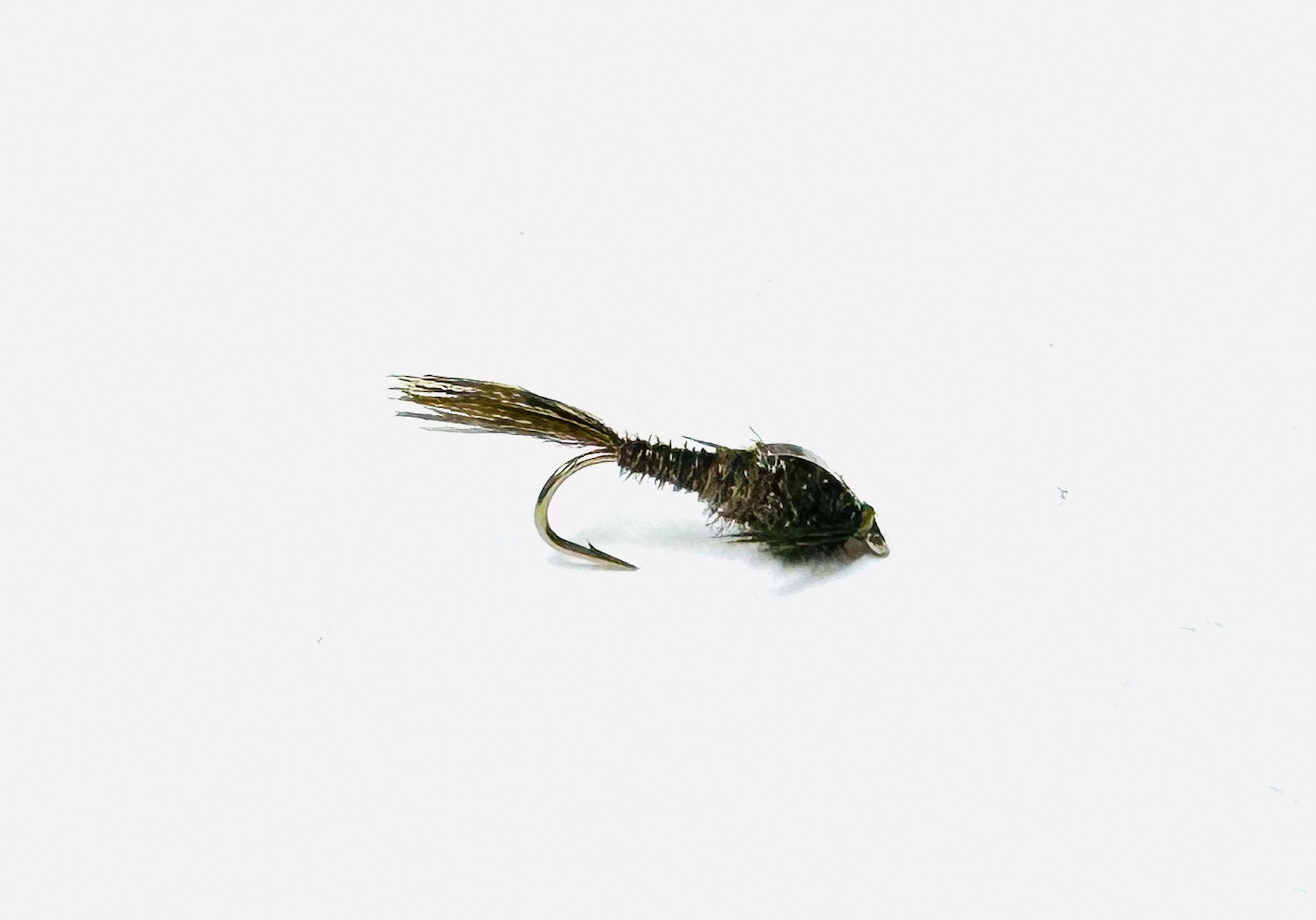 Pheasant Tail Flashback Olive fly with olive pheasant fibers and flashback wing case.